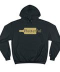 A black Champion hoodie with a gold Platterful logo on the front.