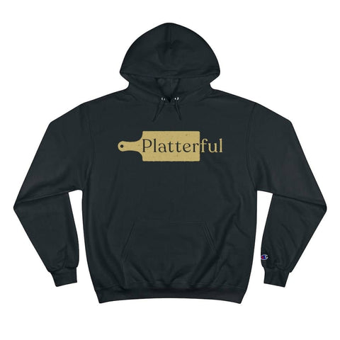 A black Champion hoodie with a gold Platterful logo on the front.