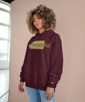 A maroon Champion hoodie with a gold Platterful logo on the front.