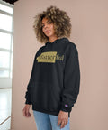 A black Champion hoodie with a gold Platterful logo on the front.