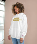 A white Champion hoodie with a gold Platterful logo on the front.