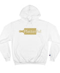A white Champion hoodie with a gold Platterful logo on the front.