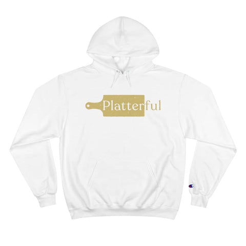 A white Champion hoodie with a gold Platterful logo on the front.