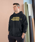 A black Champion hoodie with a gold Platterful logo on the front.