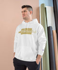 A white Champion hoodie with a gold Platterful logo on the front.