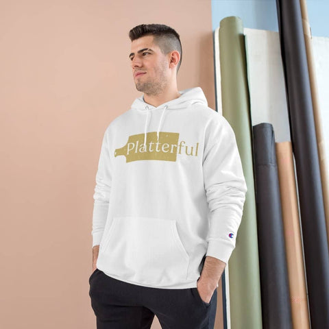 A white Champion hoodie with a gold Platterful logo on the front.