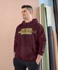 A maroon Champion hoodie with a gold Platterful logo on the front.