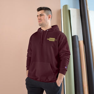 A maroon Champion hoodie with a gold Platterful logo on the left breast.