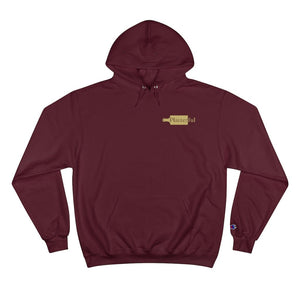 A maroon Champion hoodie with a gold Platterful logo on the left breast.