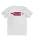 The back of a white T-shirt with the Platterful logo in the middle.