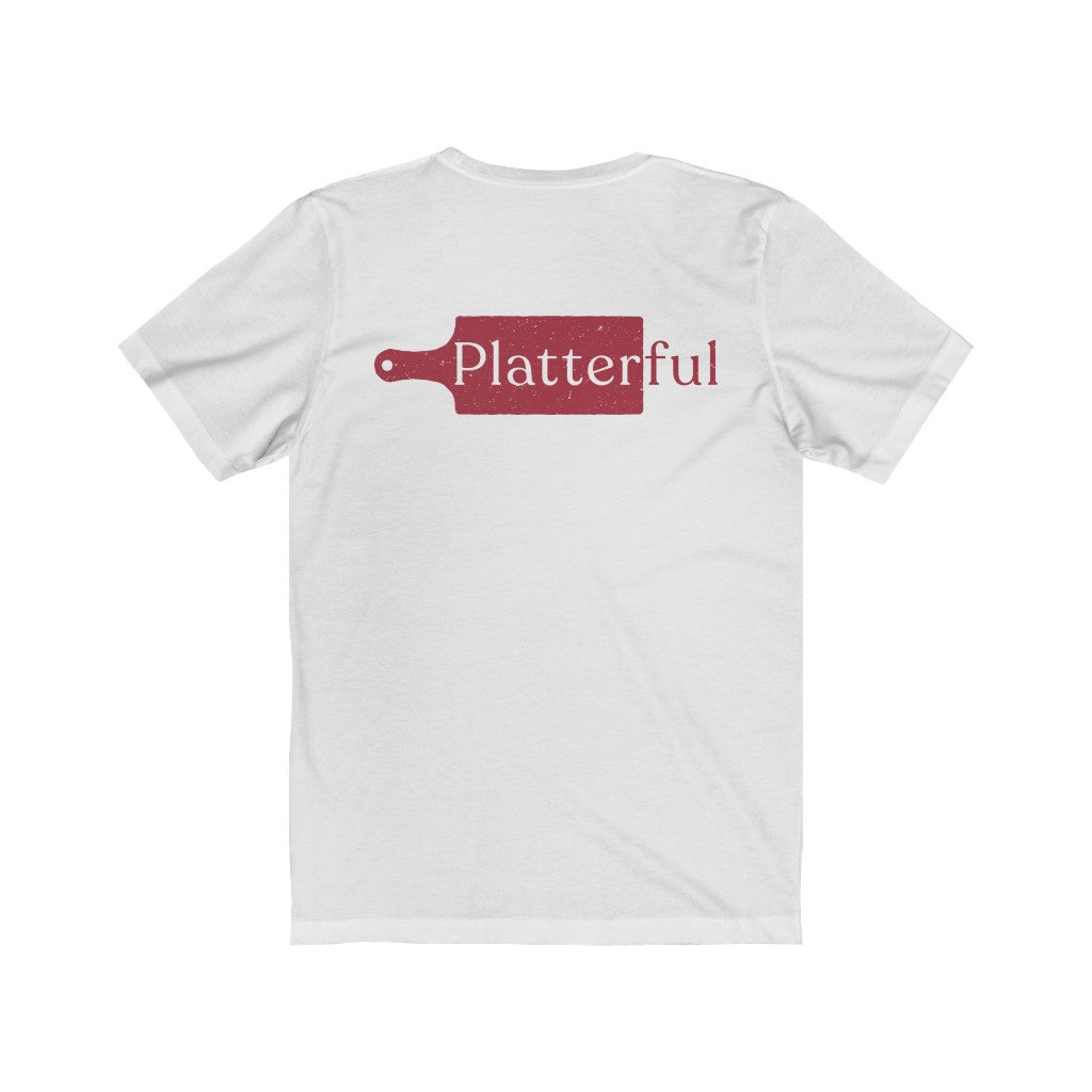 The back of a white T-shirt with the Platterful logo in the middle.