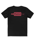 The back of a black T-shirt with the Platterful logo in the middle.