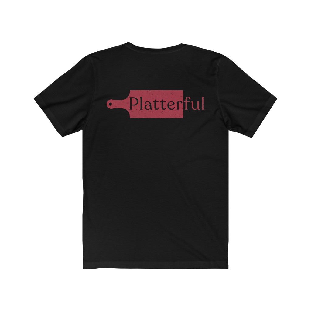 The back of a black T-shirt with the Platterful logo in the middle.