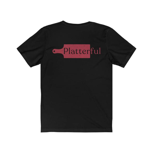 The back of a black T-shirt with the Platterful logo in the middle.