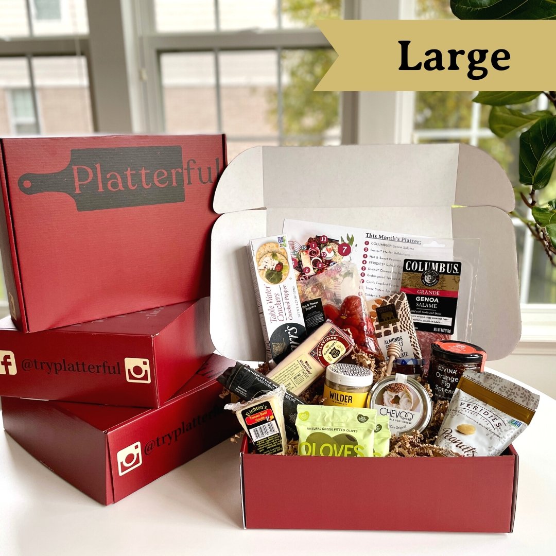Large Platterful Charcuterie Kit - Cheese, meat, crackers, spreadables, olives, nuts and chocolates. Everything you need to create the best charcuterie board. Estimated serving size: feeds 6-8 as a small appetizer or 2-4 as a meal