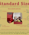 Standard Platterful Charcuterie Kit - Every month you'll get different cheeses, meats, spreads, cracker packs, and accompaniments to create the best charcuterie board. Estimated serving size: Small charcuterie board feeds 2-4 as a small appetizer or 1-2 as a meal