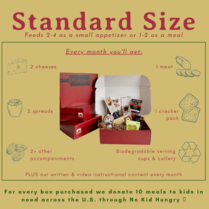 Standard Platterful Charcuterie Kit - Every month you'll get different cheeses, meats, spreads, cracker packs, and accompaniments to create the best charcuterie board. Estimated serving size: Small charcuterie board feeds 2-4 as a small appetizer or 1-2 as a meal