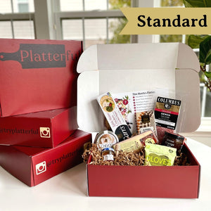 Standard Platterful Charcuterie Kit - Cheese, meat, crackers, spreadables, olives, nuts and chocolates. Everything you need to create the best charcuterie board. Estimated serving size: feeds 2-4 as a small appetizer or 1-2 as a meal