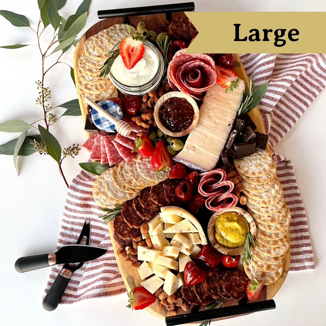 Large Platterful Charcuterie Kit - Cheese, meat, crackers, spreadables, olives, nuts and chocolates. Everything you need to create the best charcuterie board. Estimated serving size: feeds 6-8 as a small appetizer or 2-4 as a meal