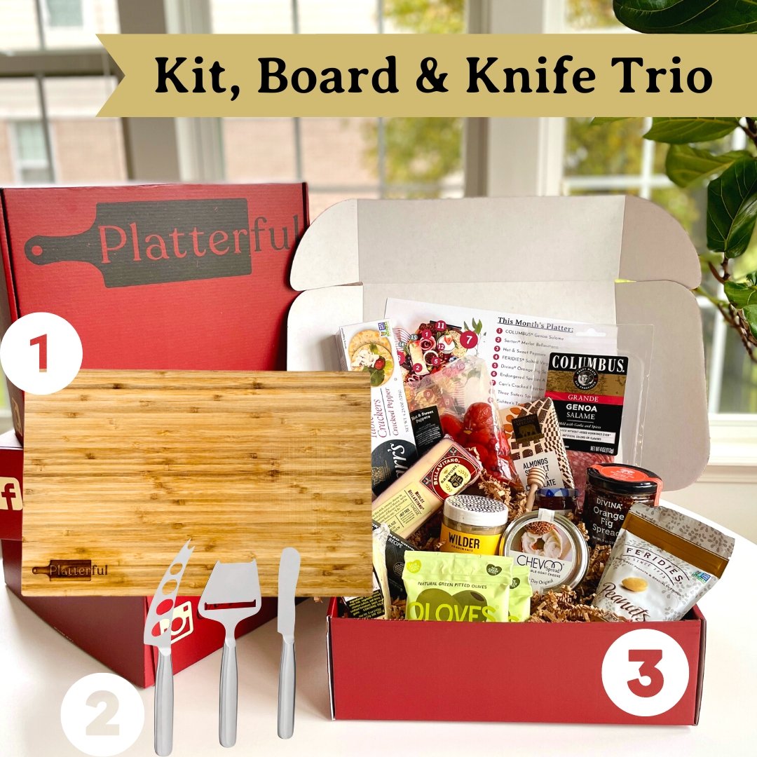Platterful Charcuterie kit, wooden board & Knives Trio bundle.