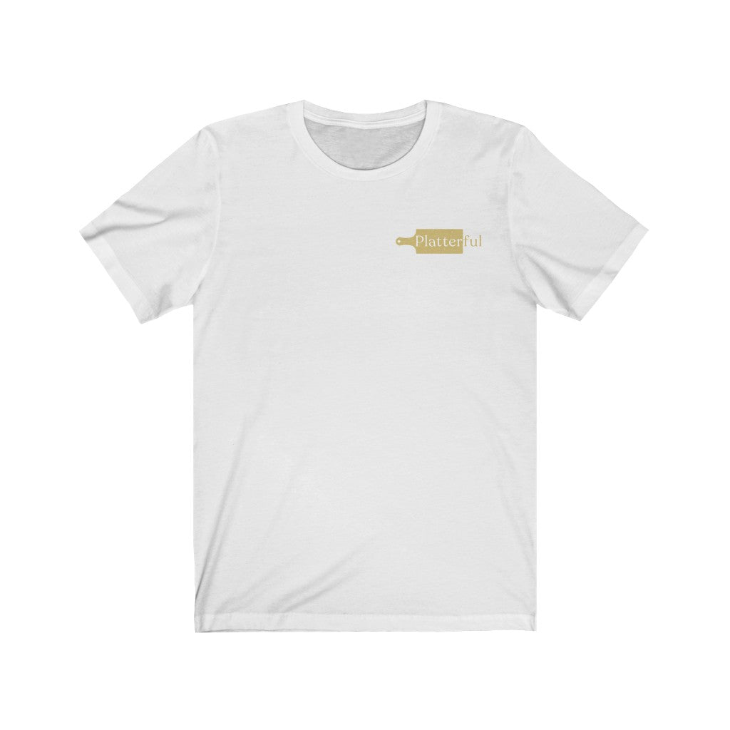 White Platterful t-shirt with gold Platterful logo on the left breast
