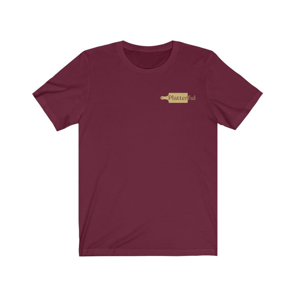 Maroon Platterful t-shirt with gold Platterful logo on the left breast