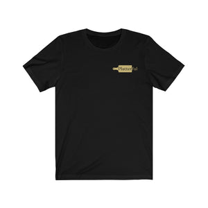 Black Platterful t-shirt with gold Platterful logo on the left breast