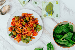 OLOVES Greek Green Pitted Olives in red sauce pasta