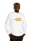 White Crew Neck Sweatshirt with Golden Platterful logo in the middle