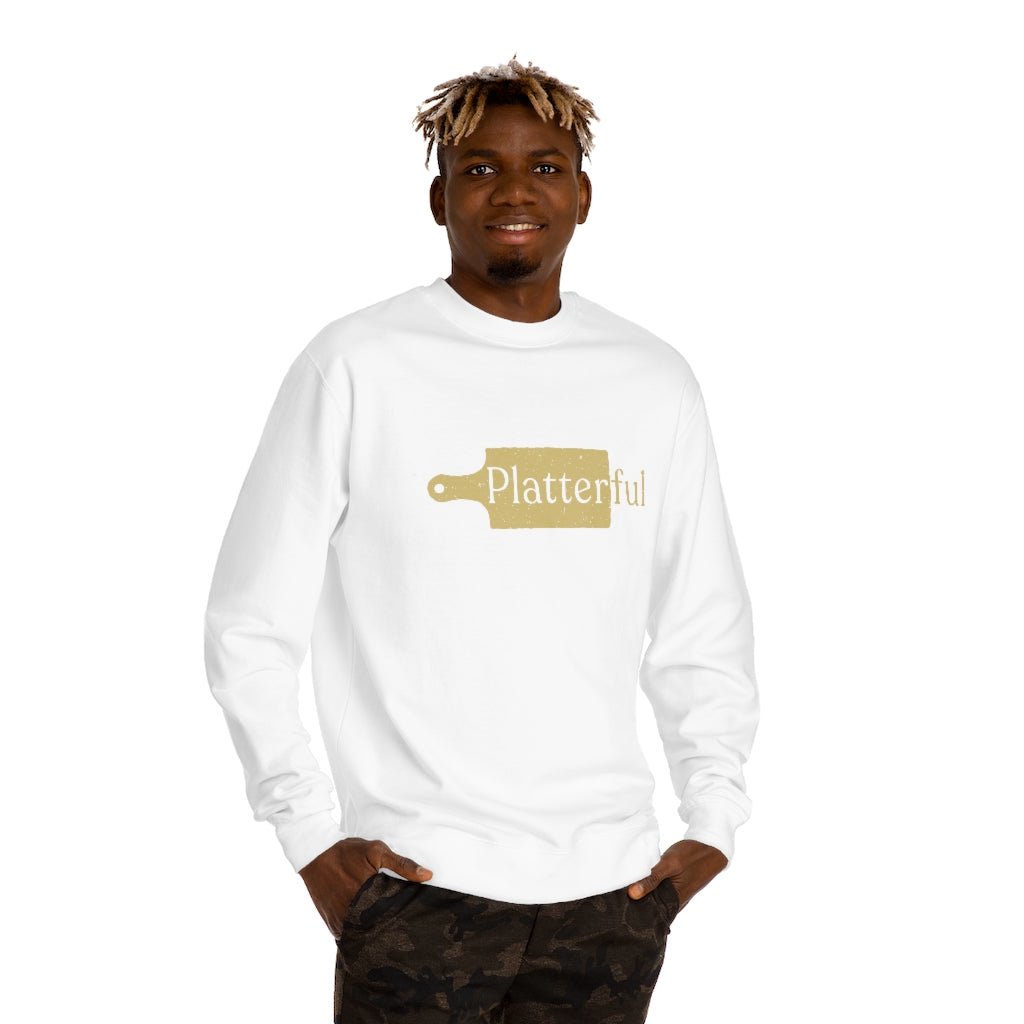 White Crew Neck Sweatshirt with Golden Platterful logo in the middle