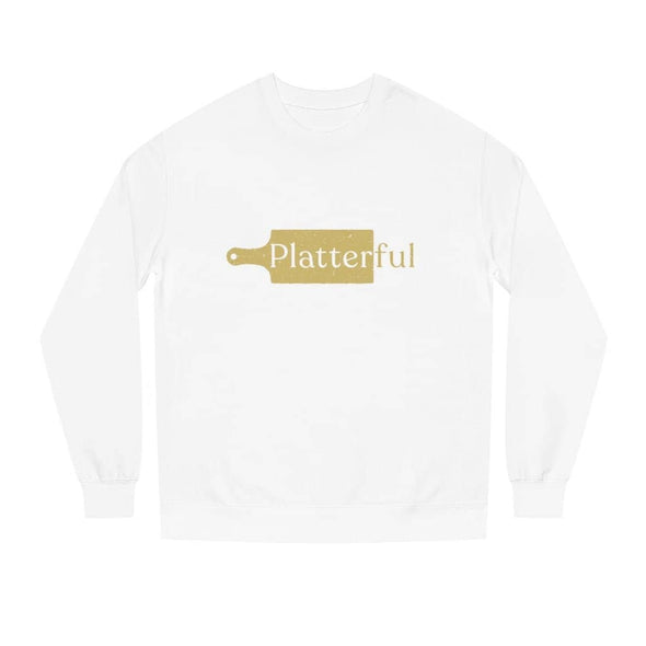 White Crew Neck Sweatshirt with Golden Platterful logo in the middle