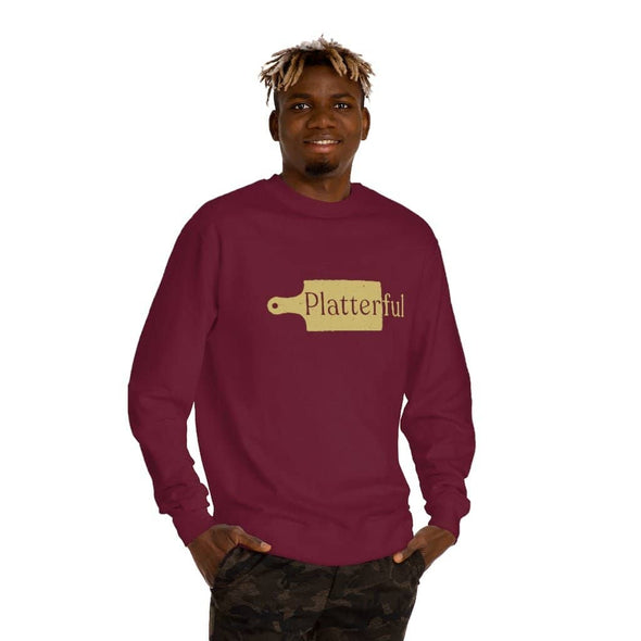 Maroon Crew Neck Sweatshirt with Golden Platterful logo in the middle