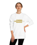 White Crew Neck Sweatshirt with Golden Platterful logo in the middle