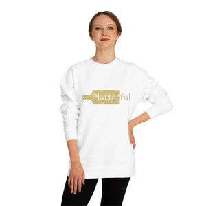 White Crew Neck Sweatshirt with Golden Platterful logo in the middle