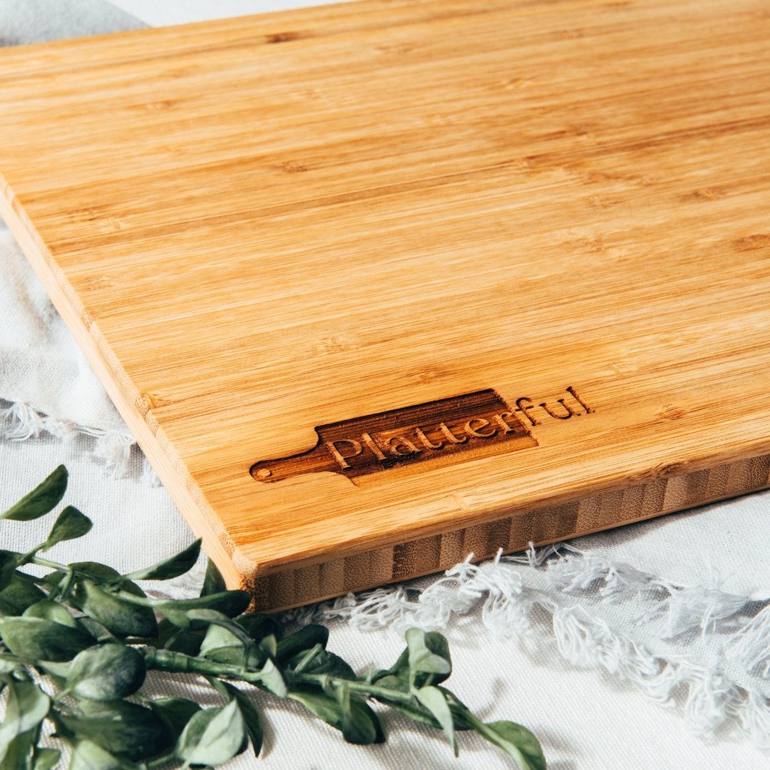 Large Handcrafted Wooden Bamboo Charcuterie Board with Platterful logo on the bottom left corner